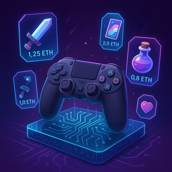 Manette de jeu posée sur une puce numérique avec des objets virtuels NFT autour, affichant leur prix en Ethereum. Illustration futuriste représentant la blockchain dans le jeu vidéo.