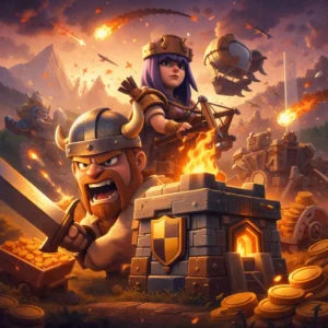 Dragons de Clash of Clans attaquant une forteresse dans une scène de bataille épique