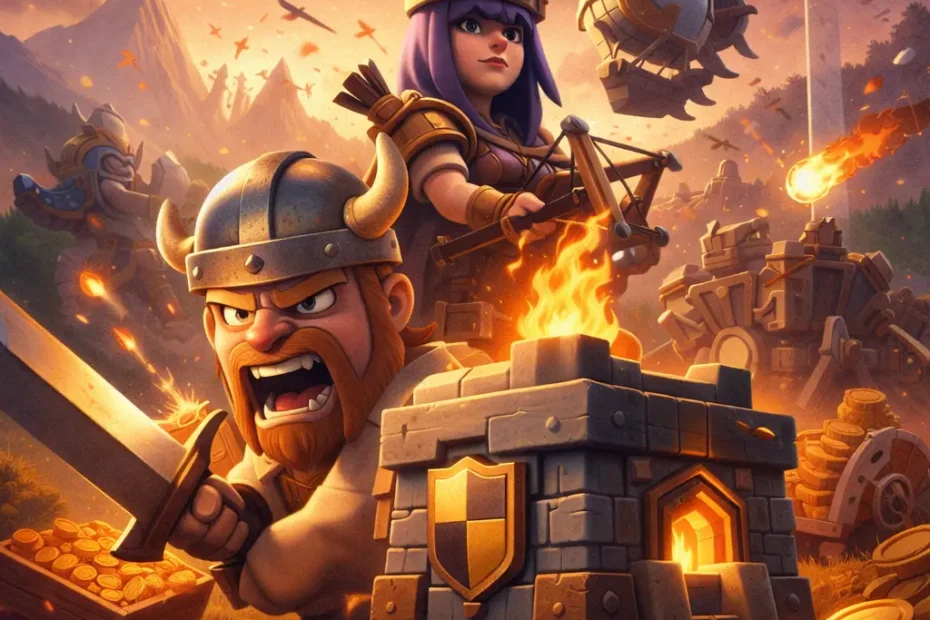 Dragons de Clash of Clans attaquant une forteresse dans une scène de bataille épique